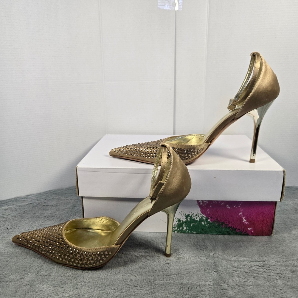Aldo Gold Satin Rhinestone Pointed Toe Ankle Strap d'Orsay Pumps Heels Size 38